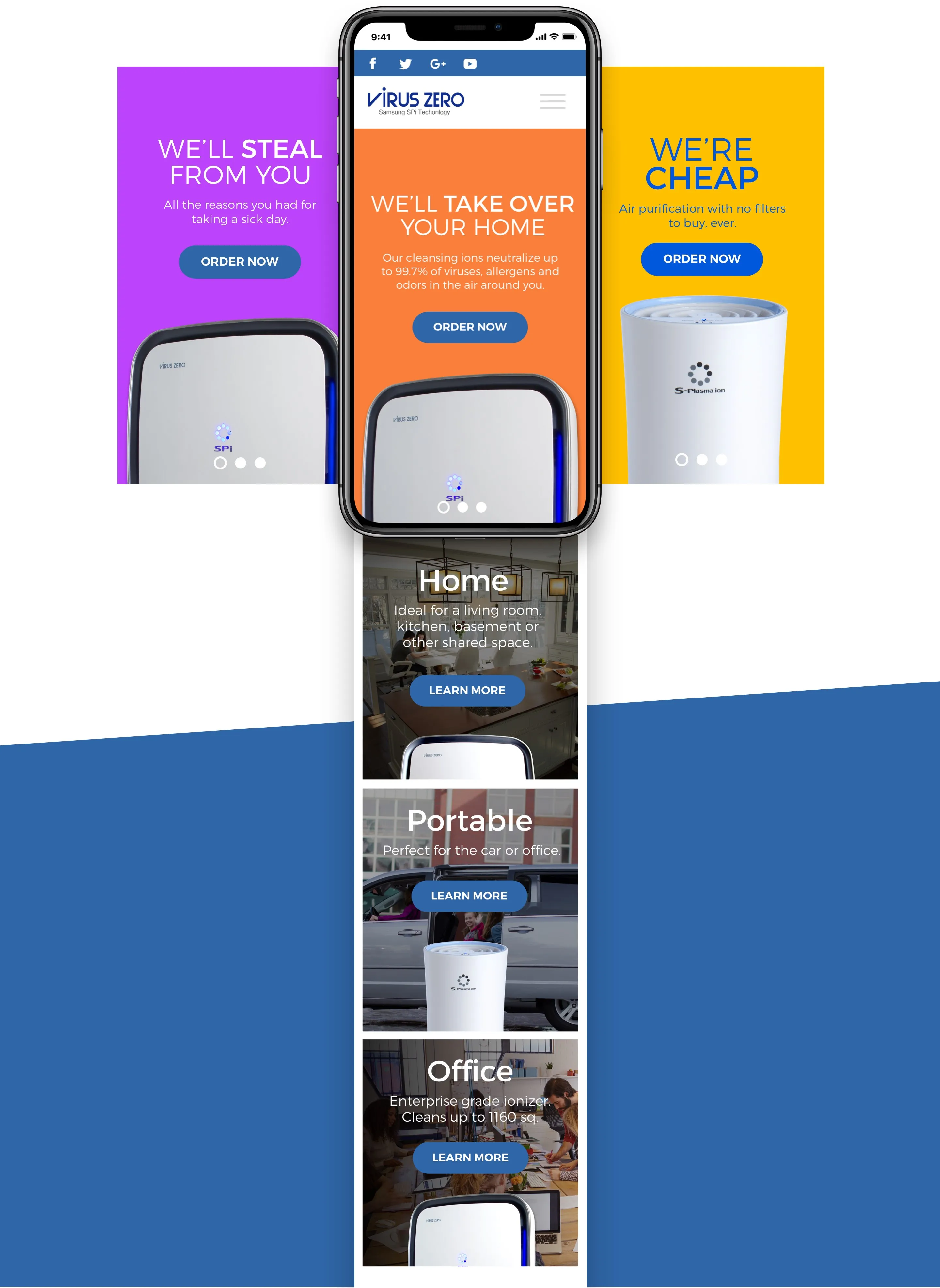 VirusZero website layouts and campaign details